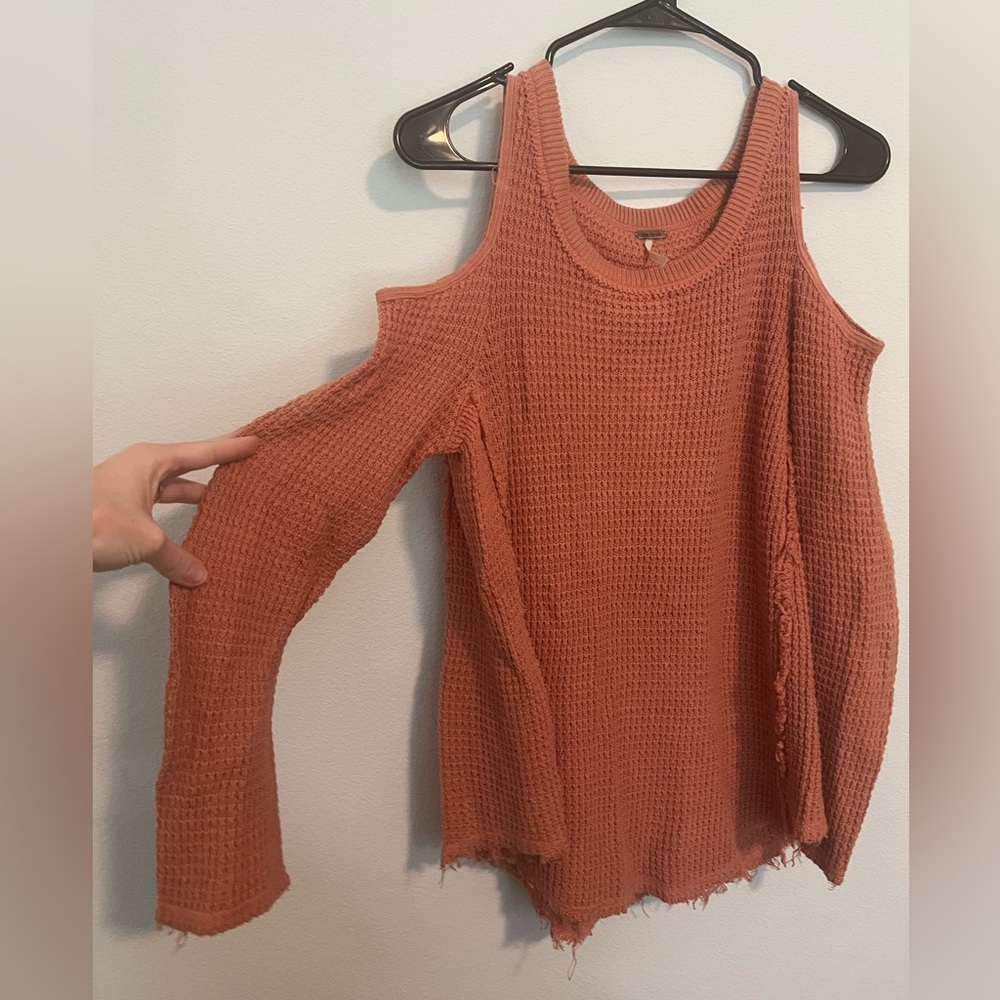Free People Sweater Moonshine Cold Shoulder Waffle Knit Fringe Boho Size S Rose
